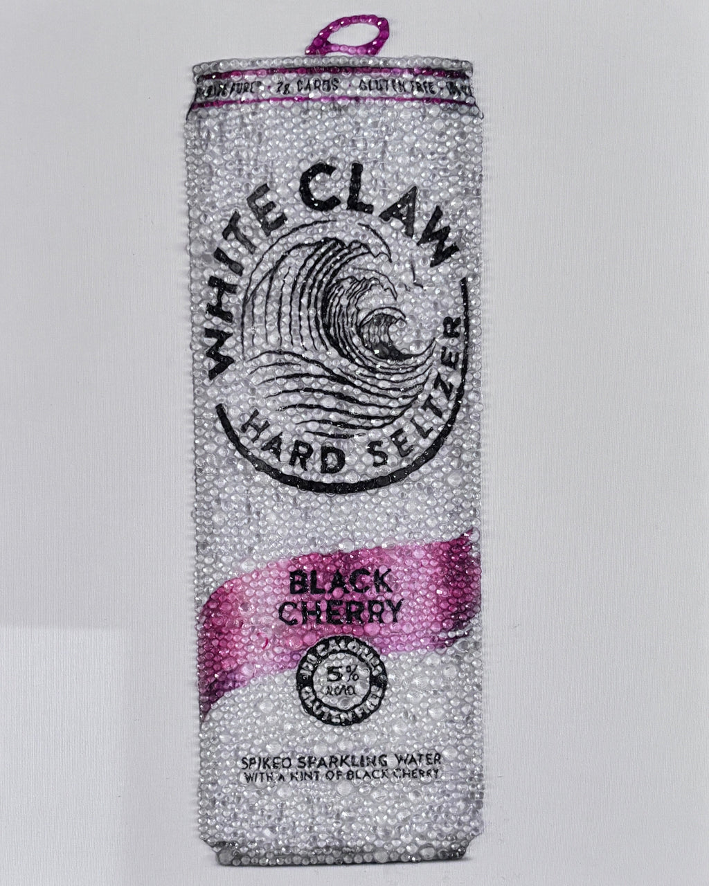 White Claw Black Cherry sparkling water can on a white card with black text