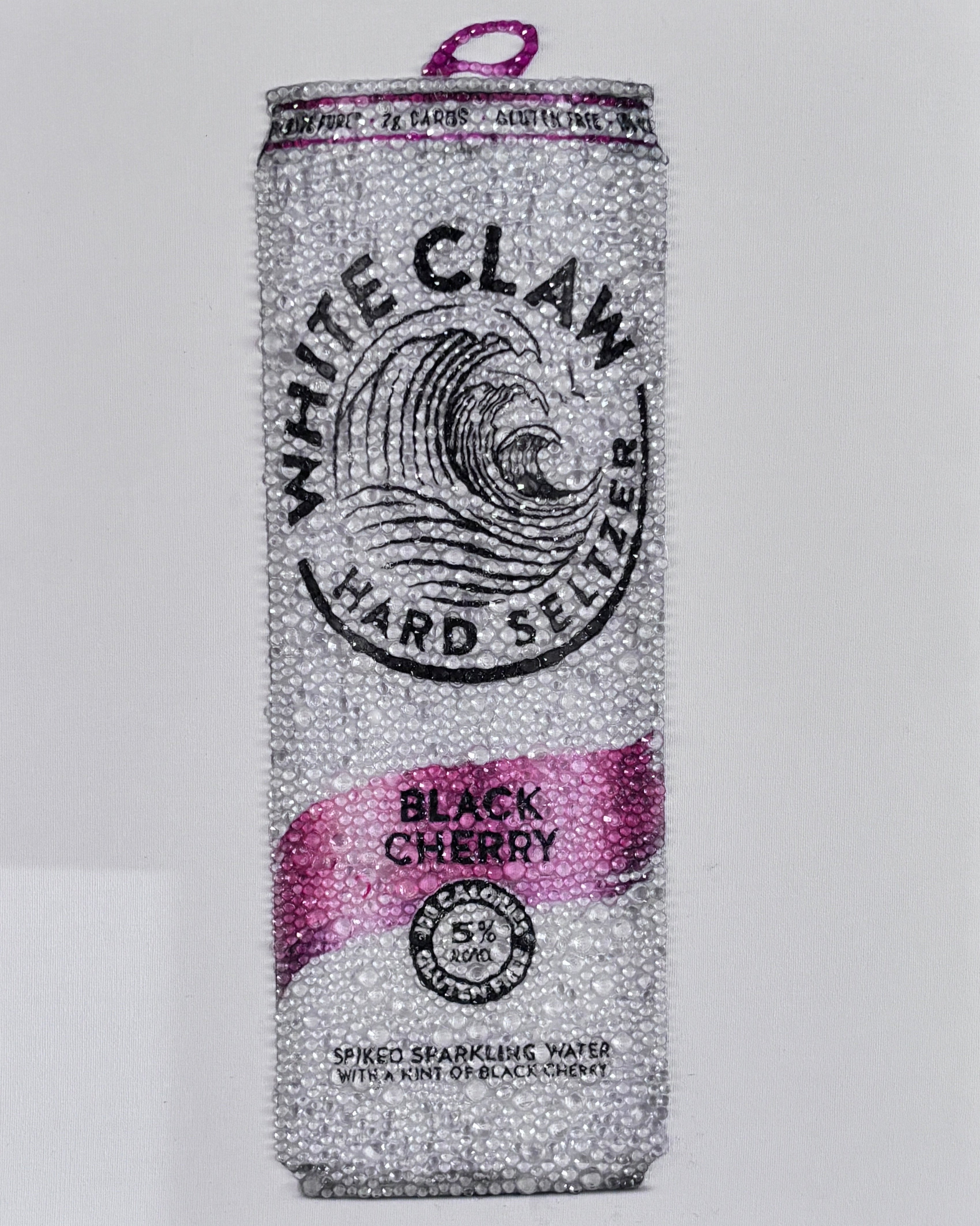 White Claw Black Cherry sparkling water can on a white card with black text