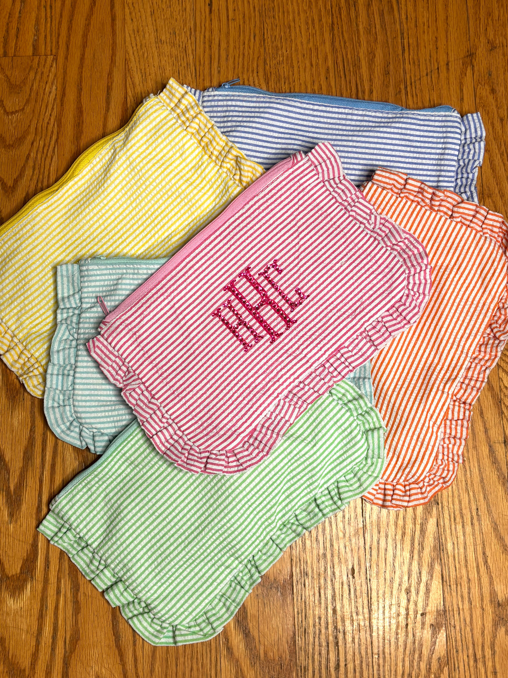 Seersucker Ruffle Monogram Makeup Bag