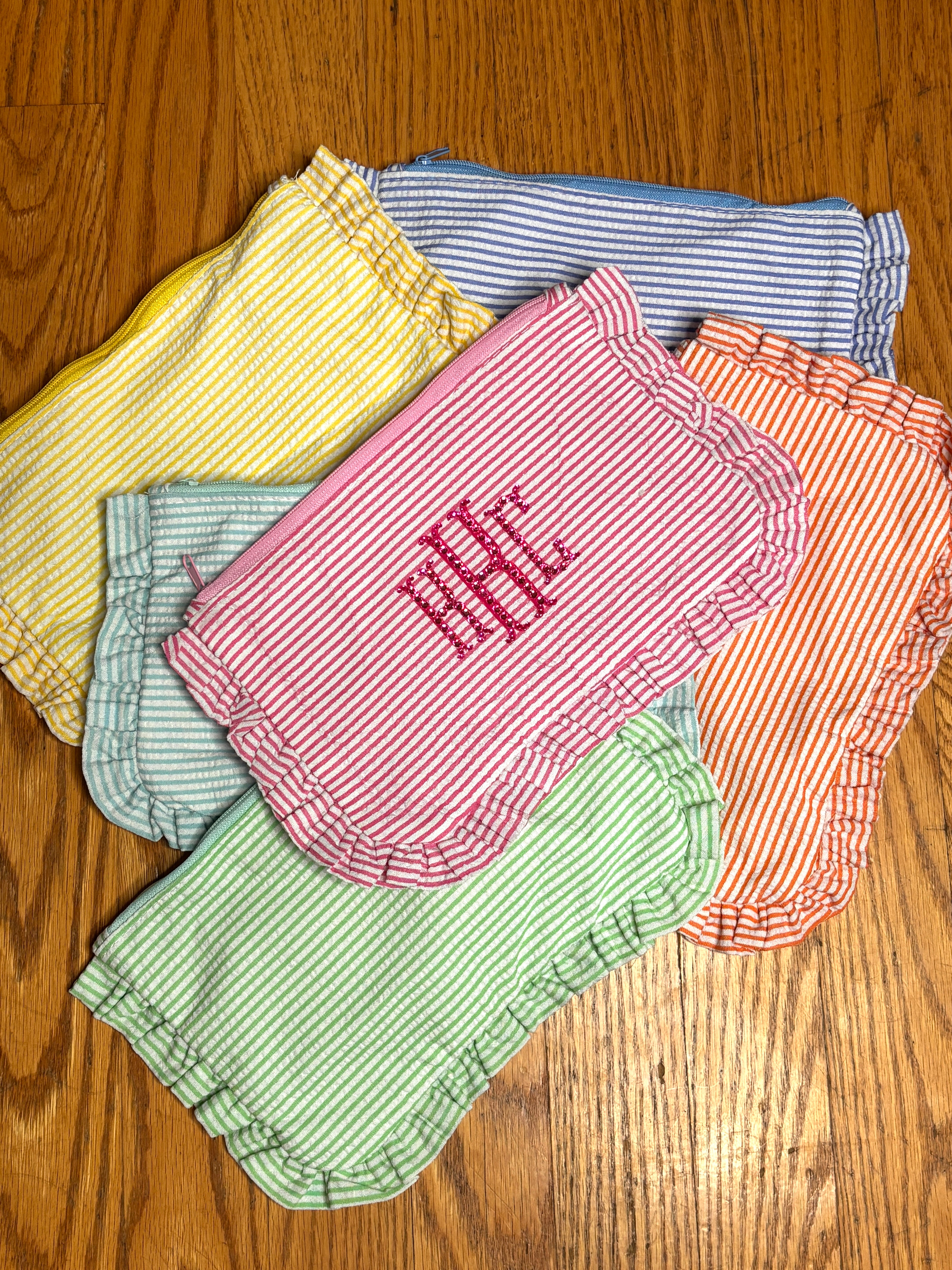 Seersucker Ruffle Monogram Makeup Bag
