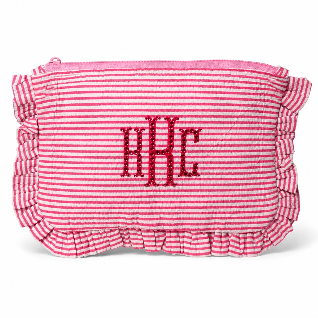 Seersucker Ruffle Monogram Makeup Bag