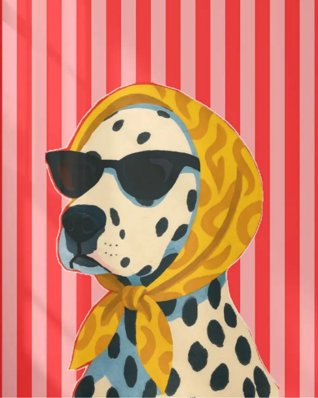 Dalmatian dog wearing sunglasses and a yellow headscarf on a red and white striped background